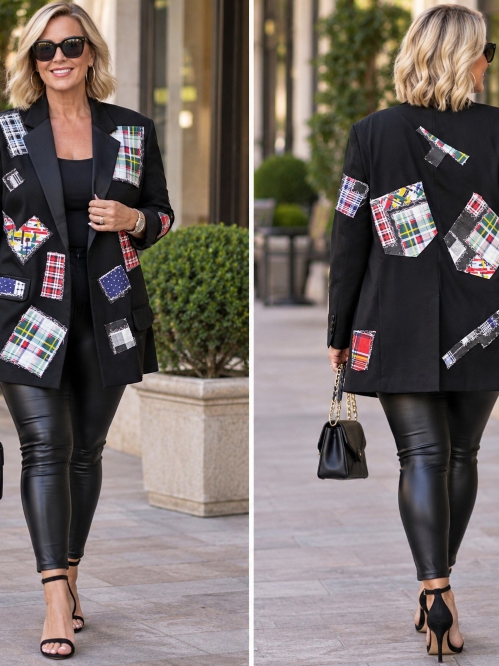 Black Patchwork Plaid Blazer Jacket - Women's Blazer